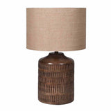 Mango Wood Table Lamp with Natural Linen Shade on White Background