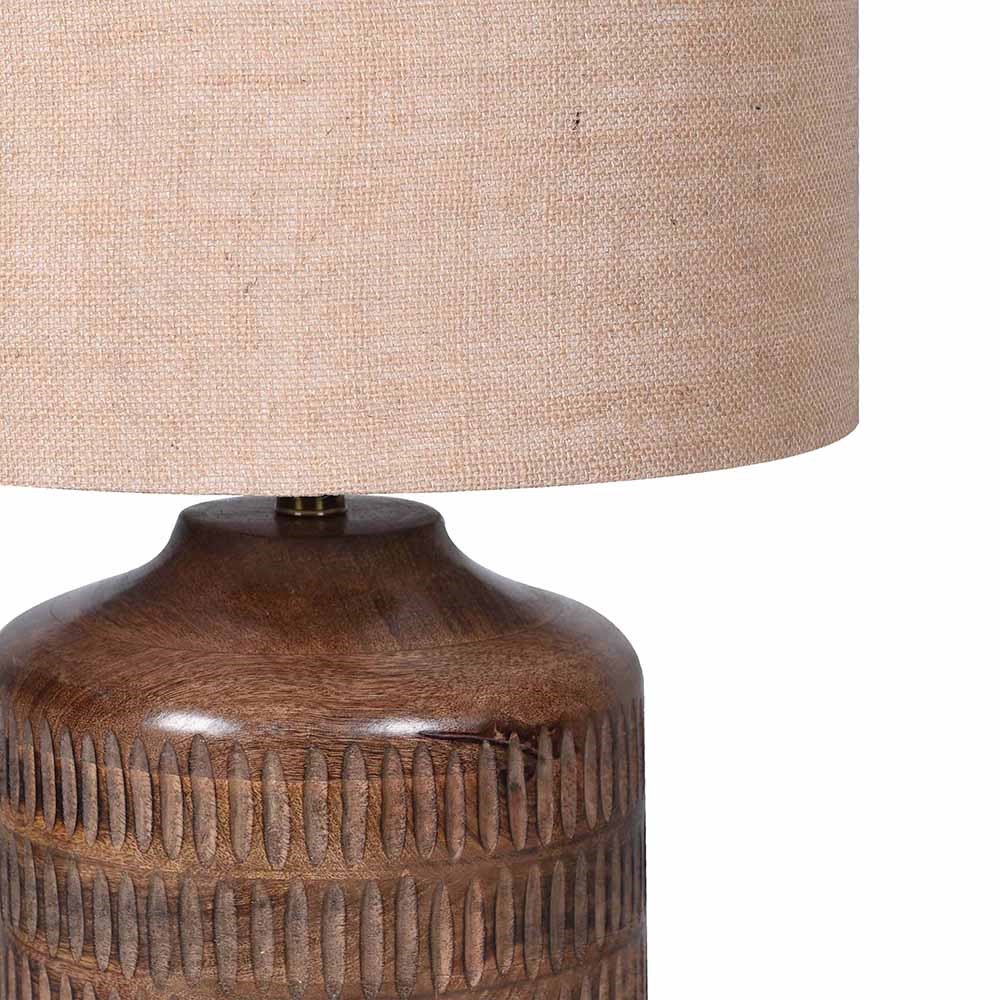 Close-up of Handcrafted Mango Wood Table Lamp Base and Linen Shade