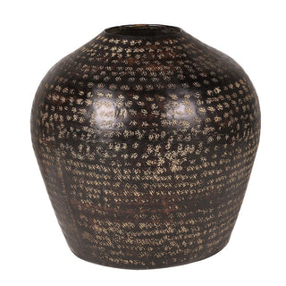 Marrakesh hand-hammered aluminium pot in antique bronze with dense punched-dot texture, gold flecks and squat bulbous silhouette tapering to a small opening