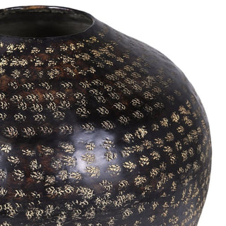 Marrakesh hand-hammered aluminium pot in antique bronze with dense punched-dot texture, gold flecks and squat bulbous silhouette tapering to a small opening