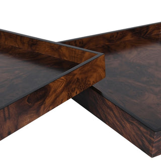 Two rectangular wooden trays with a rich dark brown burl wood grain finish, shown overlapping on a solid white background.