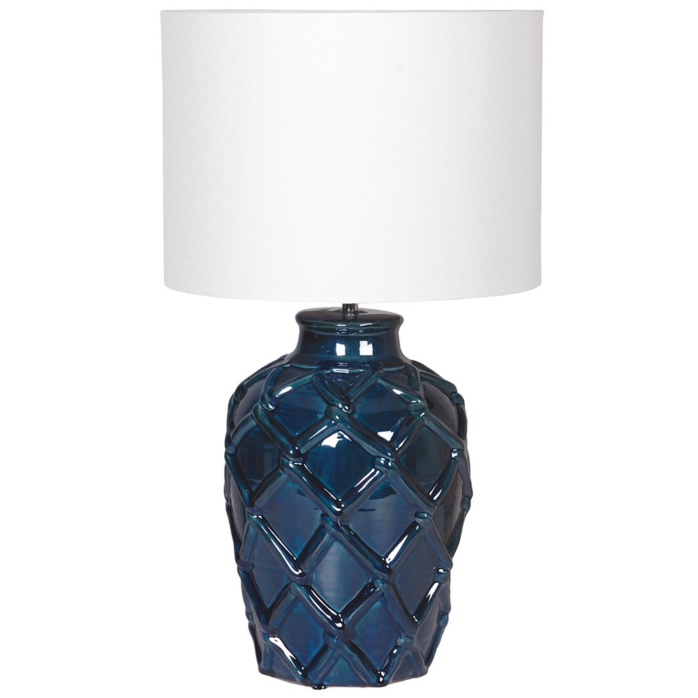 Mateus blue ceramic table lamp with textured glossy base and white fabric shade