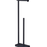 Matte black freestanding toilet roll holder with spare roll storage stand in modern minimalist design