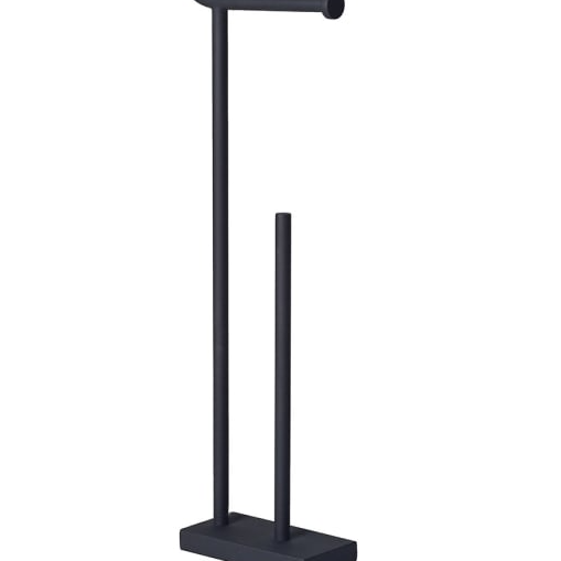 Matte black freestanding toilet roll holder with spare roll storage stand in modern minimalist design