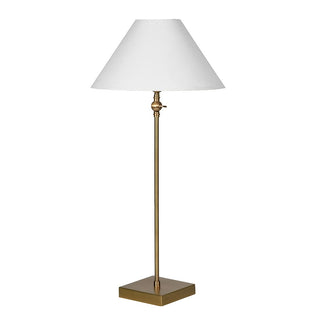 Mayfair table lamp with slim antique brass column, square stepped base, swivel-head joint and white linen coolie shade, 80cm tall
