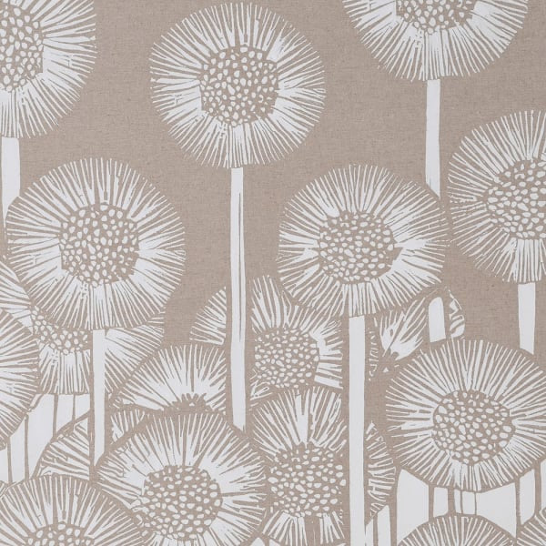 Close up of Meadow Dandelion linen wall art with neutral botanical print