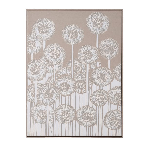 Meadow Dandelion framed linen wall art featuring white floral silhouettes on taupe background