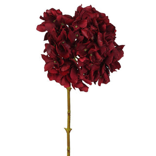 Merlot red faux hydrangea stem, 49cm, with a full deep burgundy bloom