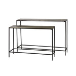 A Beautiful set of two slim console tables. Featuring black metal legs and a brown bronze top.

Dimensions:

&nbsp;H 80.5cm&nbsp;W 119cm D 25cm