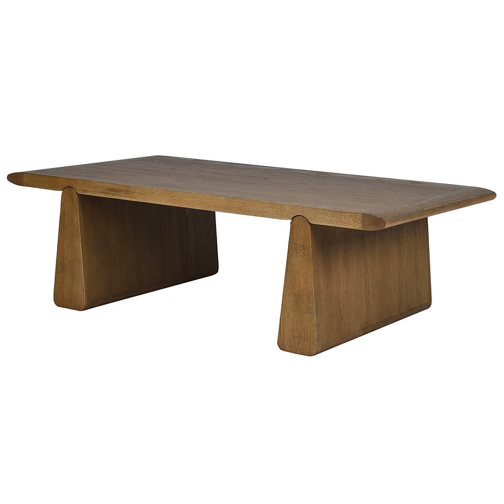 Mid-century modern oak coffee table with solid wood construction and pedestal legs
