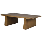 Mid-century modern oak coffee table with solid wood construction and pedestal legs