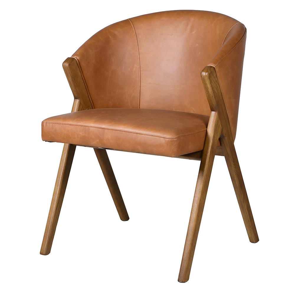 Mid-century modern tan leather accent chair with wood legs