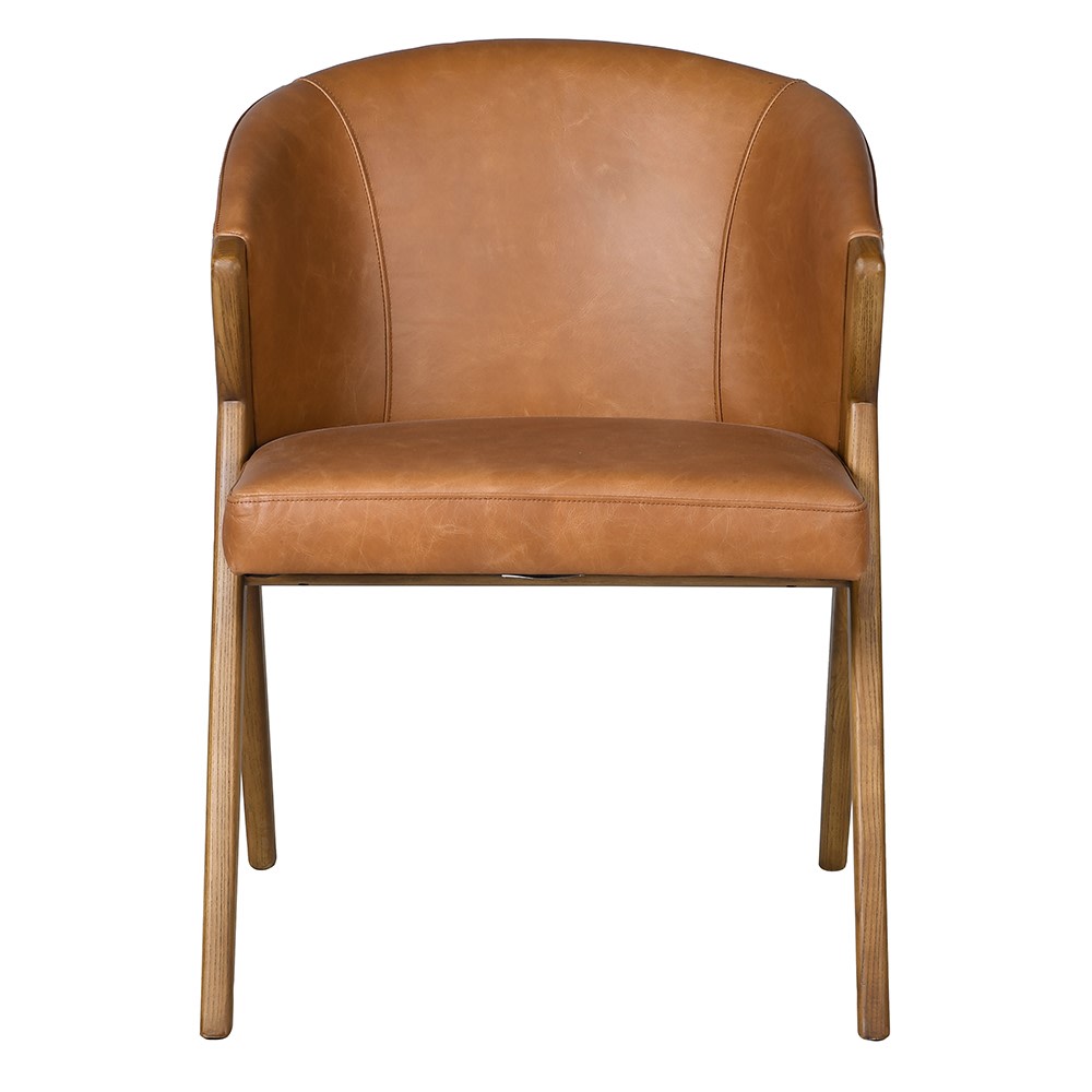 Barrel back tan faux leather chair with solid wood frame