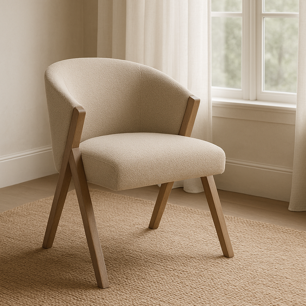 Beige armchair in a room with a window and curtains