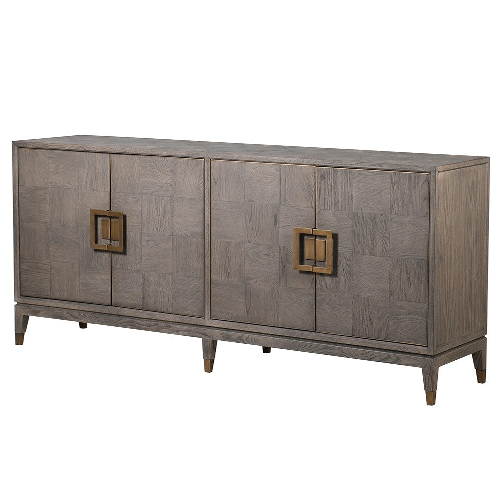 A gray sideboard with textured grain and brass inlay accents, featuring four doors and a flat surface.