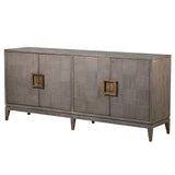 A gray sideboard with textured grain and brass inlay accents, featuring four doors and a flat surface.
