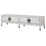 A white oak TV unit with four doors and a square pattern detail, finished in an off white color.