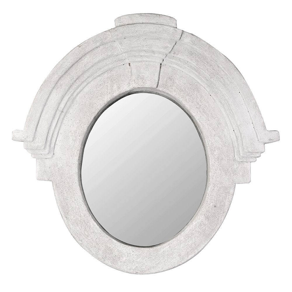 Oval wall mirror with white limestone-look architectural frame