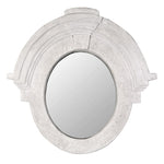 Oval wall mirror with white limestone-look architectural frame