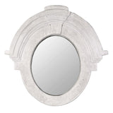 Oval wall mirror with white limestone-look architectural frame