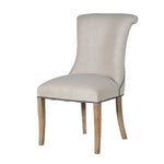 A striking dining chair in natural linen with stun detailing and ring back.