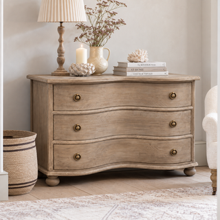 Hambleden washed pine chest of three drawers with curved fronts and antique-style round handles