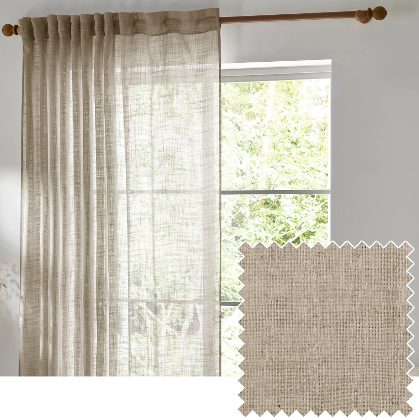 Natural linen look sheer curtain panel hanging on window with light filtering fabric sample