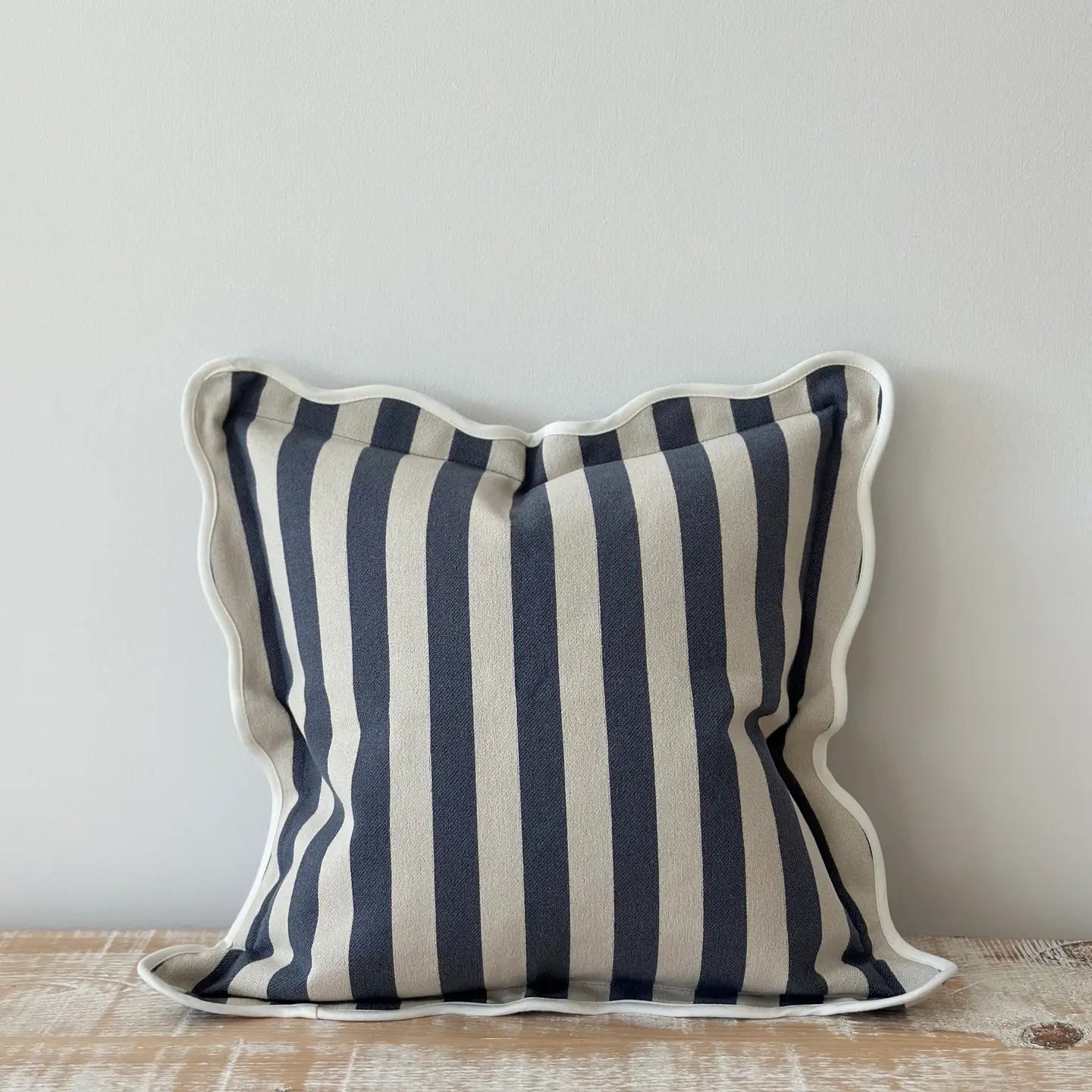 Navy and natural striped poly cotton cushion cover 45cm square with tailored edge
