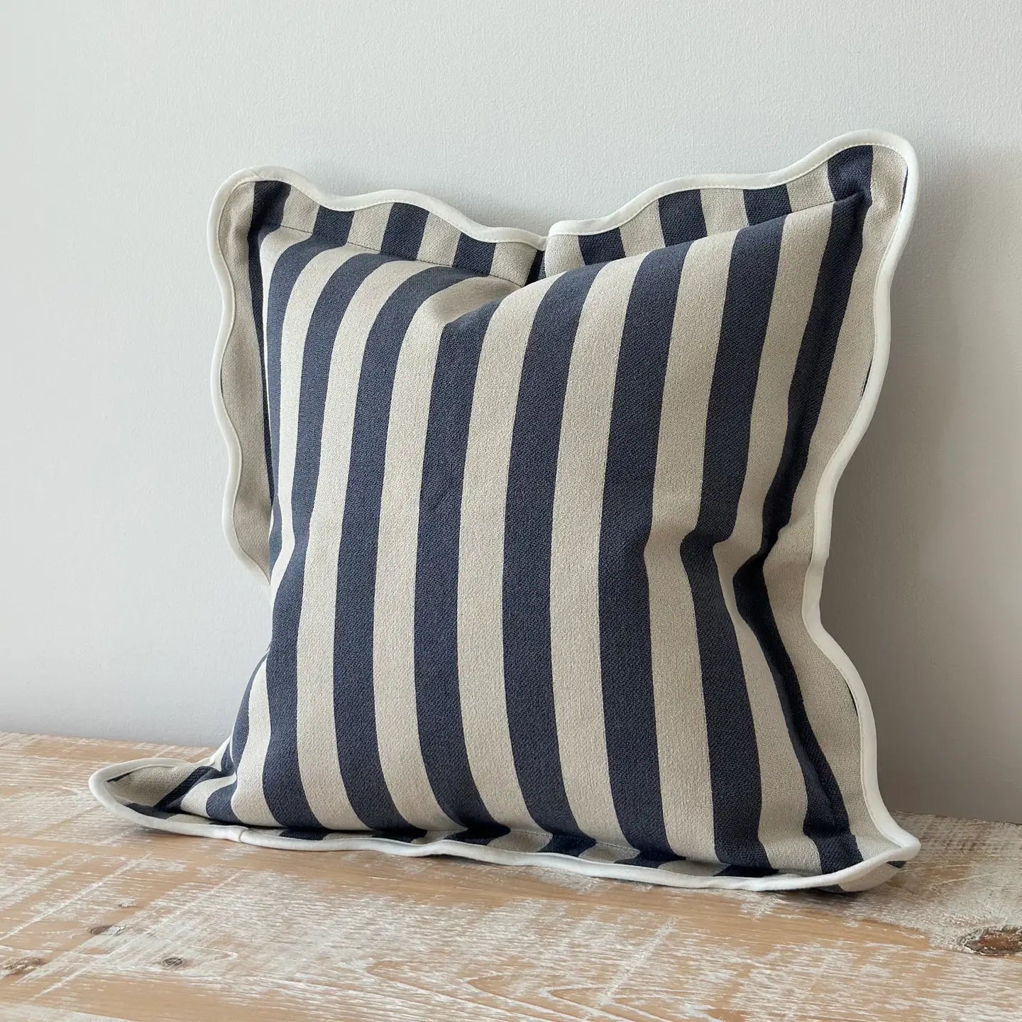 Navy and natural striped poly cotton cushion cover 45cm square with tailored edge