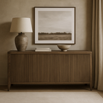 Newport is a stunning four door brown sideboard in oak and oak veneer, visible grain with ribbed design at front. Removable shelves.