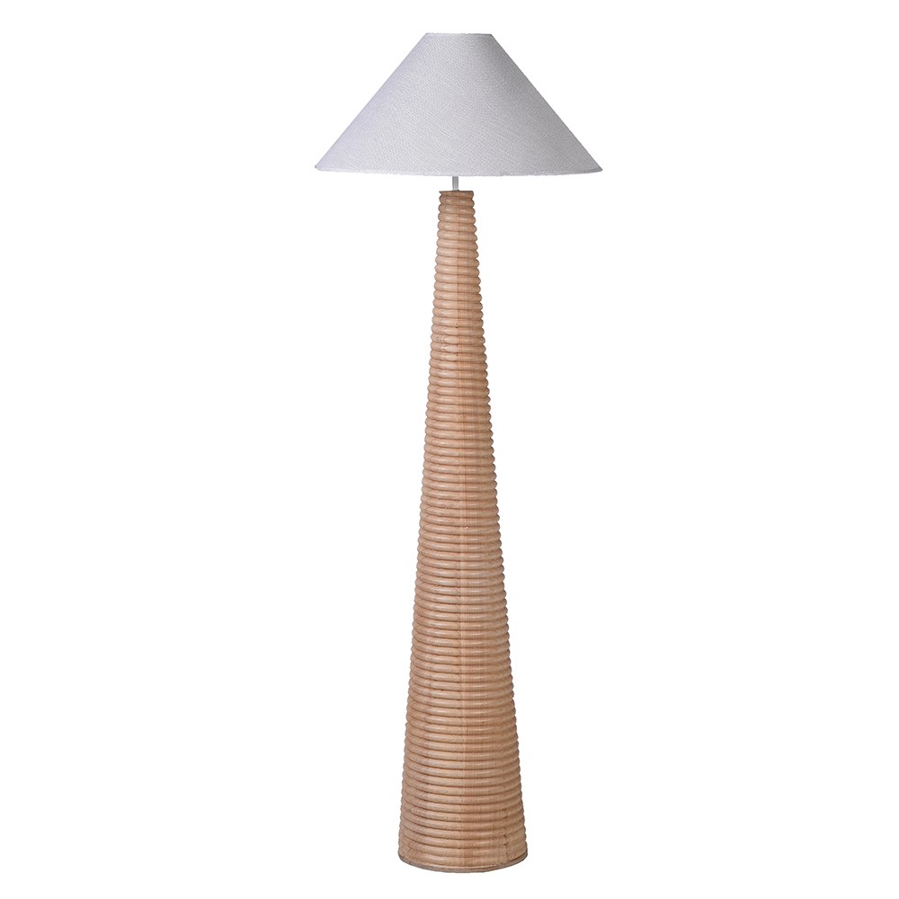 Nile floor lamp with a solid wood cone base and linen shade