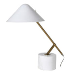 With a creative design, the details of the Nori Table Lamp are what make it special. A cylindrical marble base supports the angled brass stem complemented by a glass tapered white shade.