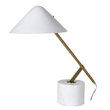 With a creative design, the details of the Nori Table Lamp are what make it special. A cylindrical marble base supports the angled brass stem complemented by a glass tapered white shade.