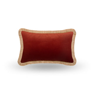 Naunton velvet rectangle cushion in deep rust orange with gold fringe