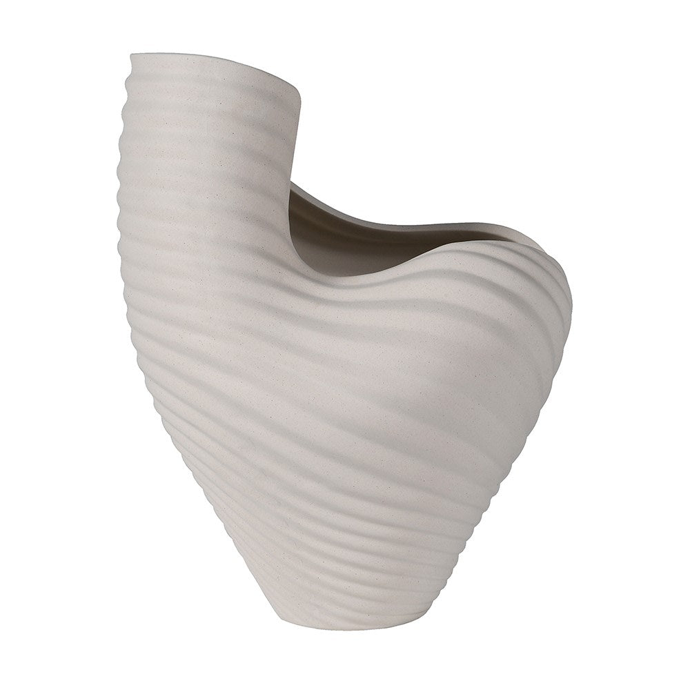 Asymmetrical sculptural white porcelain vase with ribbed wave design – front view