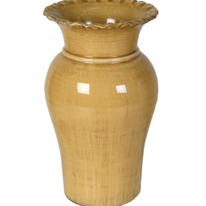 yellow ceramic vase with scalloped rim and glossy finish – rustic vintage home décor