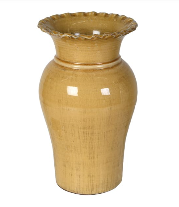 yellow ceramic vase with scalloped rim and glossy finish – rustic vintage home décor