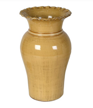 yellow ceramic vase with scalloped rim and glossy finish – rustic vintage home décor