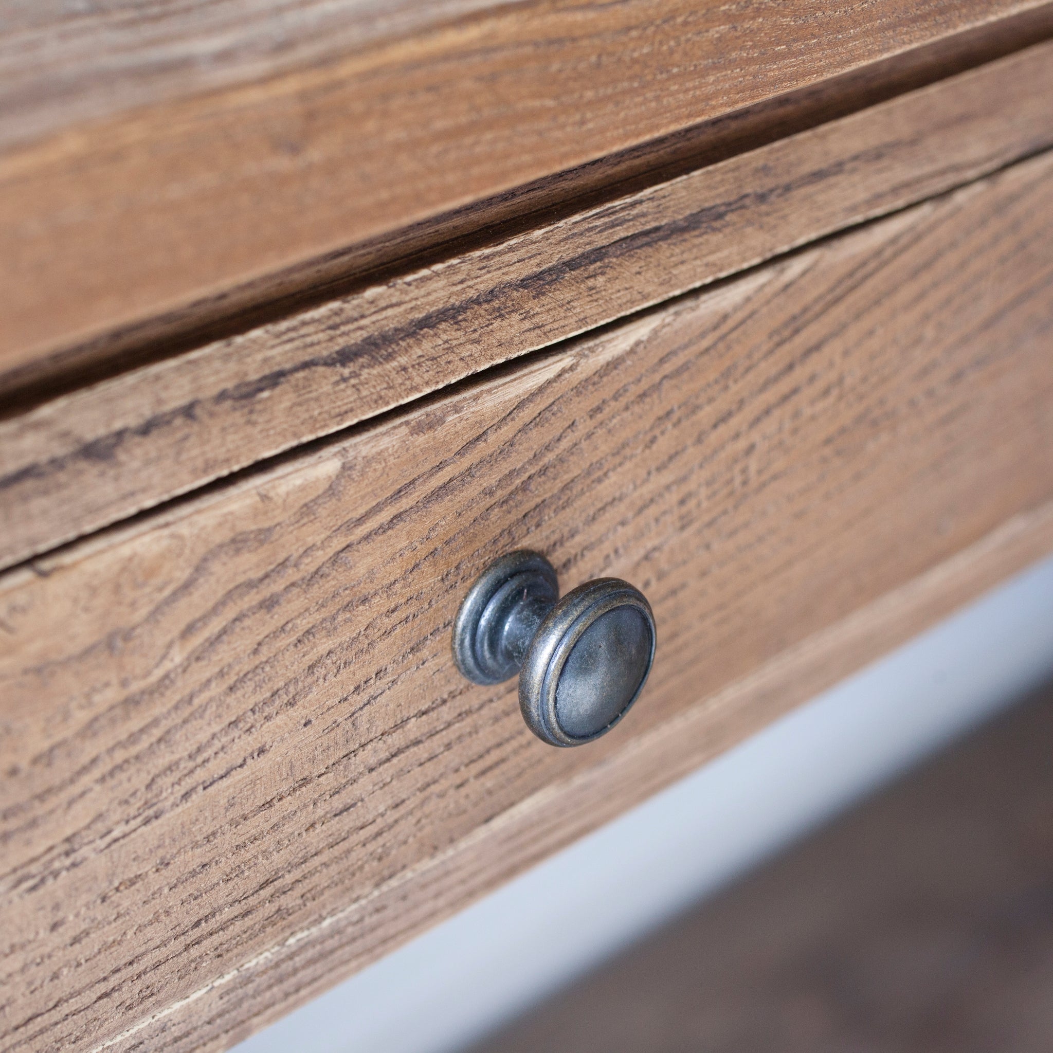 Old Elm Console Table – Rustic Solid Wood Console with Storage drawer close up