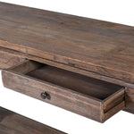 Crafted in a traditional style, the console is finished in a mid brown wood grain close up open drawer