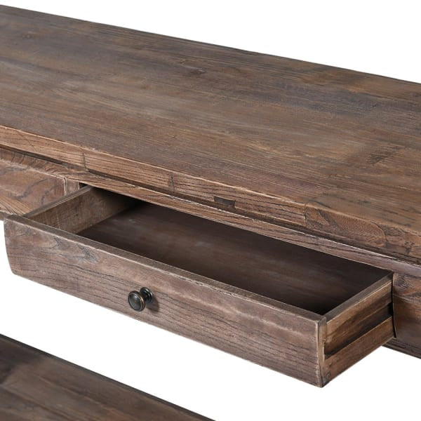 Crafted in a traditional style, the console is finished in a mid brown wood grain close up open drawer
