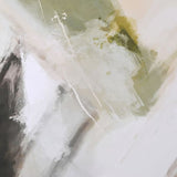 Close up of Olive Drift abstract wall art with olive green, beige, and charcoal brushstrokes