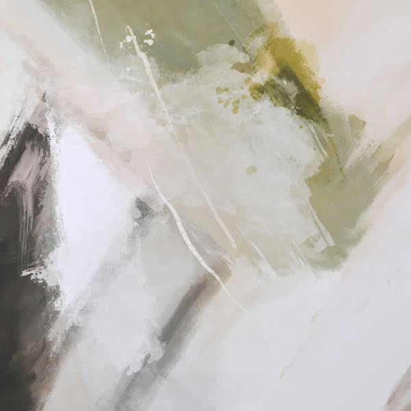 Close up of Olive Drift abstract wall art with olive green, beige, and charcoal brushstrokes
