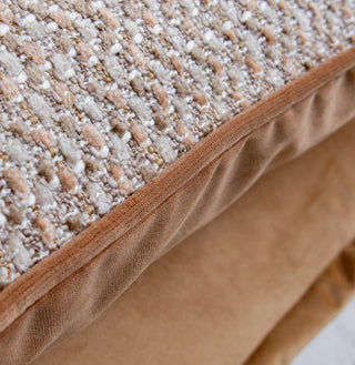 Cherington caramel piped tweed rectangle cushion styled on a sofa