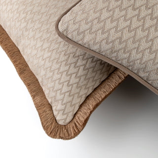 Close up of the Lechlade gold fringe and geometric weave