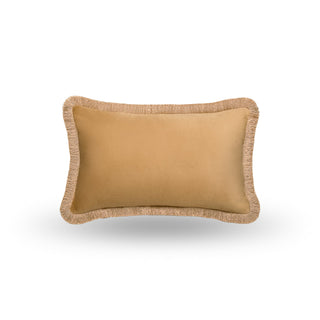 Naunton velvet rectangle cushion in warm amber gold with gold fringe
