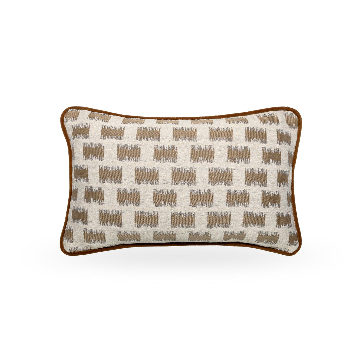 Turkdean biscotti rectangle cushion with ochre velvet piping