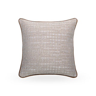 Kemble mosaic weave cushion in ivory and taupe with mocha velvet piping