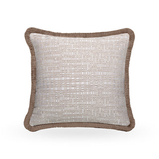 Kemble mosaic weave cushion in ivory and taupe with a taupe brush fringe