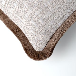 Close up of the Kemble mosaic weave and taupe fringe